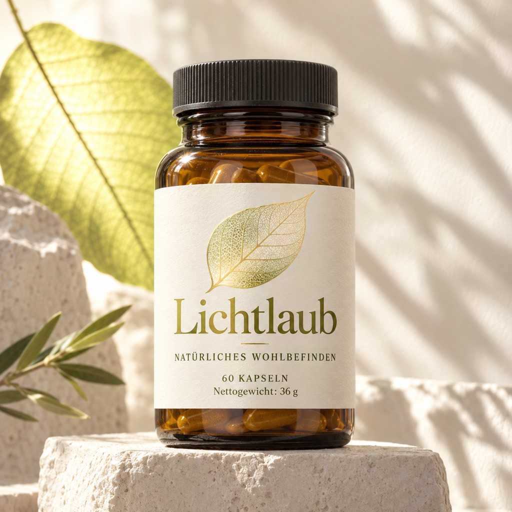 Lichtlaub in einer Produktaufnahme mit lesbarem Etikett
